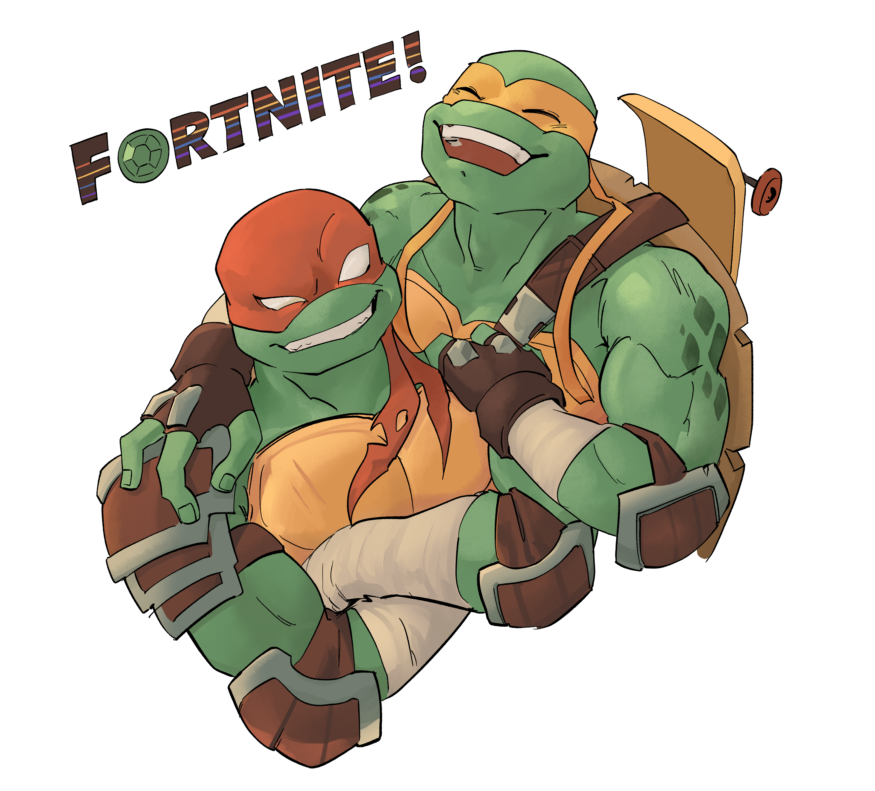 Bust Shot Illustration of Fortnite's designs of TMNT Raphael and Michaelangelo. Mikey has jumped up and has arms on and around Raphael's shoulders, laughing gleefully. Raph has his arms crossed and grins up at him.