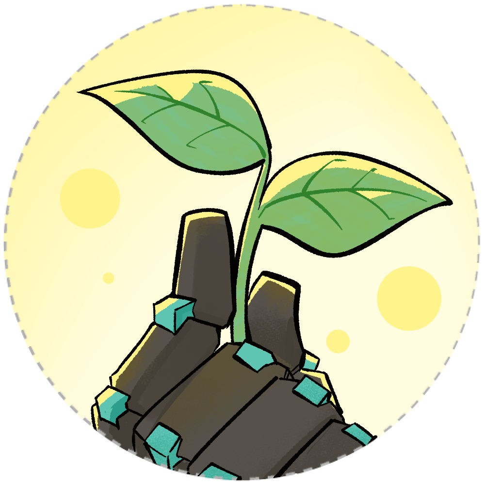 Robotic hand holding up a step with two green leaves on a light lime green black drop.